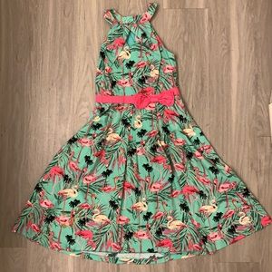 Lindy Bop green flamingo cotton swing dress